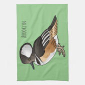 フード付きメルガンザー鳥の漫画イラストレーション キッチンタオル (縦)