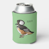 フード付きメルガンザー鳥の漫画イラストレーション 缶クーラー (缶裏面)