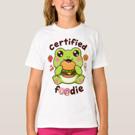 フード好き認定 かわいい カワイイ カエル ハンバーガー食べる Tシャツ