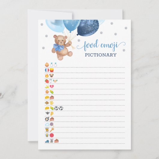 フード絵文字ゲーム青テディベアカード 招待状 (正面)