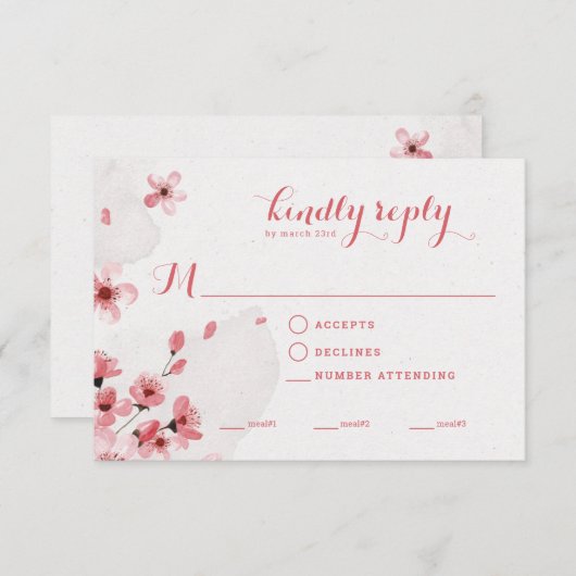 フード選択さくらんぼブロッサムウェディングRSVPカード 出欠カード (正面/裏面)