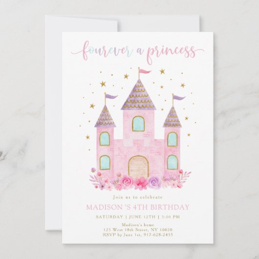 フーバープリンセスピンク金ゴールドフローラ誕生日 招待状 (正面)