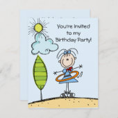 フープで遊ぶ棒人間ガールの誕生日招待状 招待状 (正面/裏面)