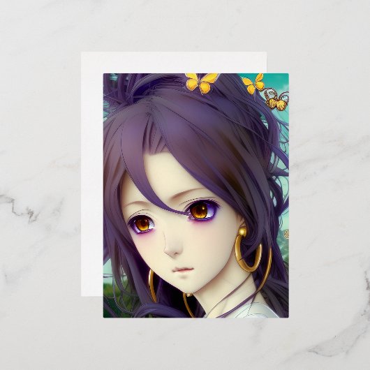 フープのイヤリングとB付きアニメホワイトシャツグラフィック 箔シーズンポストカード (正面/裏面)