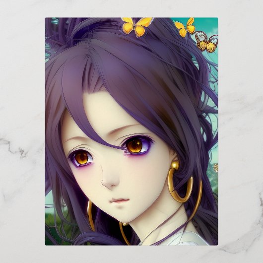 フープのイヤリングとB付きアニメホワイトシャツグラフィック 箔シーズンポストカード (正面)