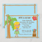 フーラ・ブロンド・ガール・ルアウ・バースデー・インビテーション 招待状 (正面/裏面)