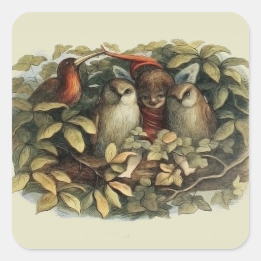 フールと小妖精や小人妖精自然イラストレーション スクエアシール (正面)