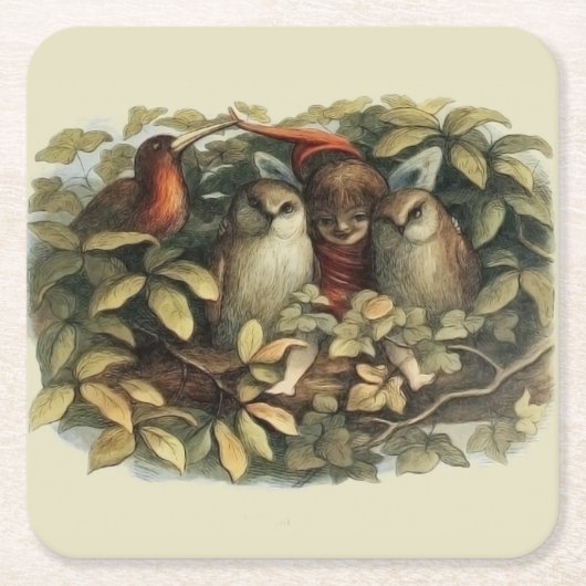 フールと小妖精や小人妖精自然イラストレーション スクエアペーパーコースター (正面)
