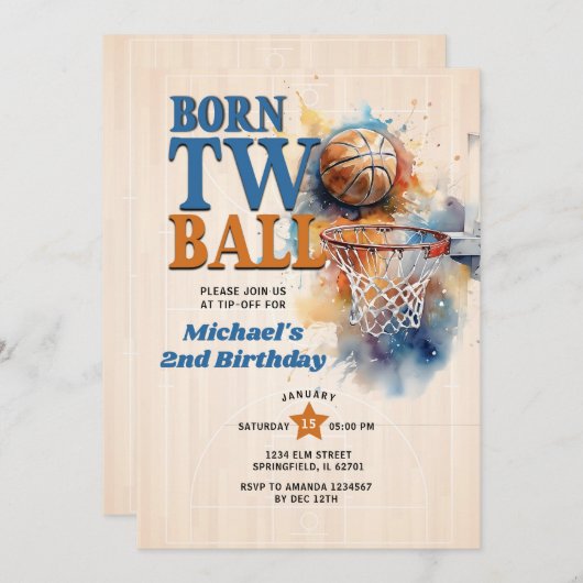 フー生まれプから2ボールのバスケットボールの先端オフ2番目の誕生日 招待状 (正面/裏面)