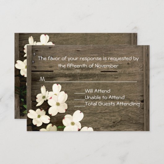 フ素朴ェンス&ドッグウッド開花ウェディングRSVPカード 出欠カード (正面/裏面)