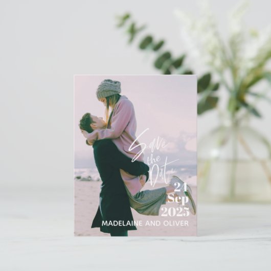フ結婚ォトオーバーレモダンエレガントイで日付を保存 案内ポストカード (スタンド正面)
