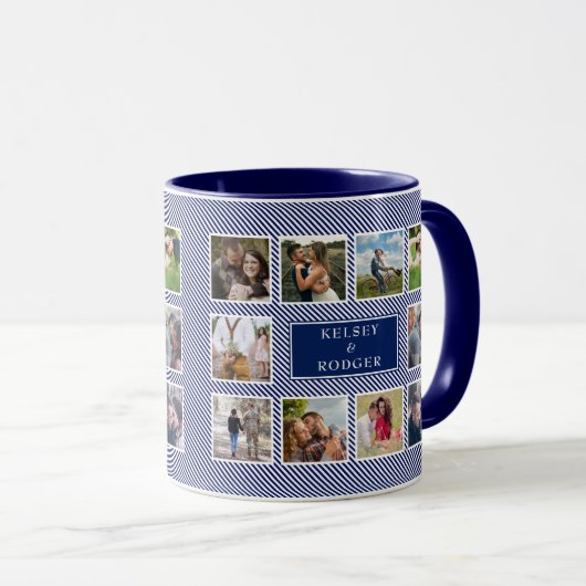 フ結婚ォトコラージュブルーアンドホワイトコフストライプの マグカップ (正面右)