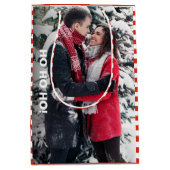 フ赤と白ストライプのォトクリスマス ミディアムペーパーバッグ (正面)