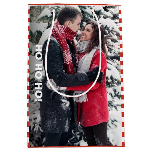 フ赤と白ストライプのォトクリスマス ミディアムペーパーバッグ (正面)