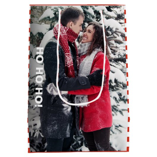 フ赤と白ストライプのォトクリスマス ミディアムペーパーバッグ (裏面)