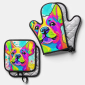 フ鮮やかレンチブルドッグパピーアート 鍋つかみ&鍋敷きセット (正面/裏面)