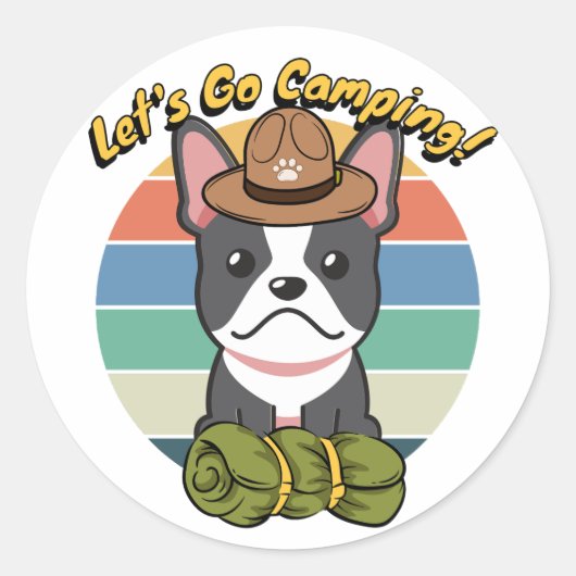 ブおもしろいルフランスのドッグがキャンプに行きたい ラウンドシール (正面)
