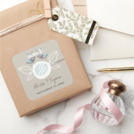 ブお洒落結婚ランチブルーのシールに可愛いフクロウ スクエアシール