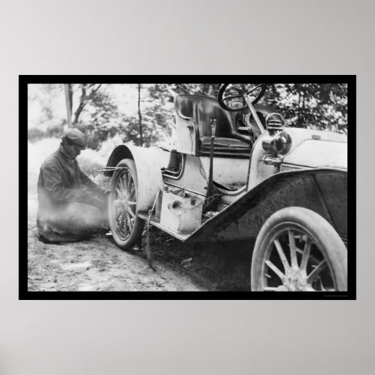 ブイックロードスターでのフラットタイヤの固定1909 ポスター (正面)