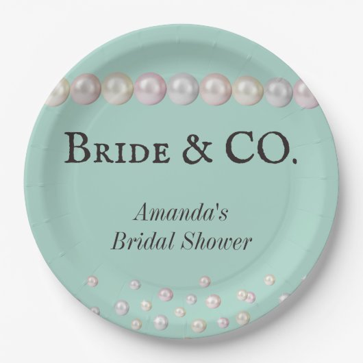 ブエレガントライド&コティール（緑がかった色）ブルーパールブライダルシャワー ペーパープレート (正面)