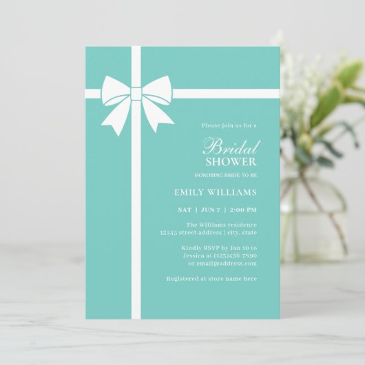 ブエレガントライド&コティール(緑がかった色)ブルーボウブライダルシャワー 招待状 (スタンド正面)