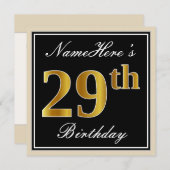 ブエレガントラック、フェイク金ゴールド29誕生日+名前 招待状 (正面/裏面)