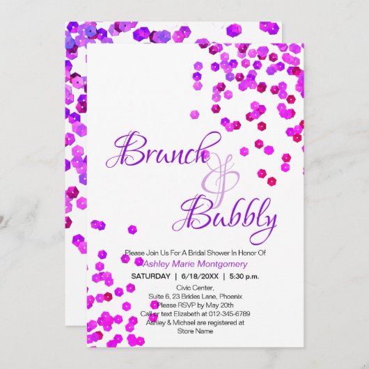 ブエレガントーブリーブライダルシャワーパープルシークイン 招待状 (正面/裏面)