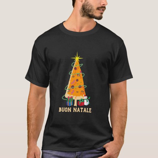 ブオンナタールピザクリスマスツリーイタリアン Tシャツ (正面)