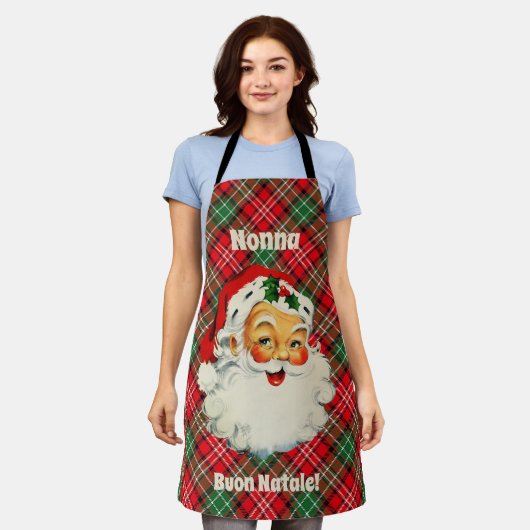 ブオンナターレイタリアンスクリスマスサンタプレイドエプロン エプロン (着用した状態)