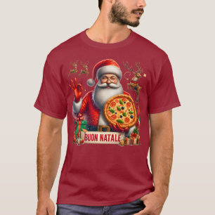 ブオンナターレイタリアンーサンタとピザ&トナカイ Tシャツ
