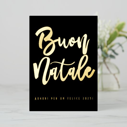 ブオンナターレハッピー2023黒エレガント金ゴールドイタリアン 箔シーズンカード (立ち正面)