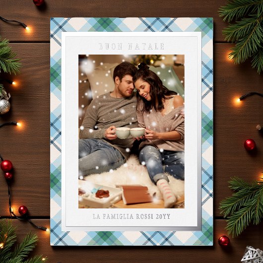 ブオンナターレブルーグリーンプレイドタータンチェック写真 箔シーズンカード