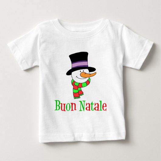 ブオンナターレメリーイタリアンクリスマス雪だるまキッズ ベビーTシャツ (正面)