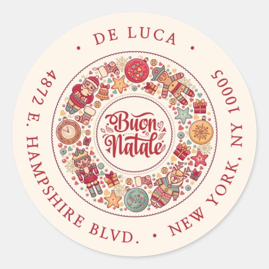 ブオンナターレリースUSAレッド差出人住所ラベル ラウンドシール (正面)