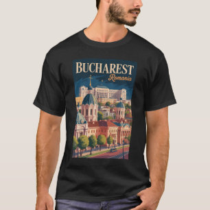 ブカレストのスカイラインイラスト 旅行アート ヴィンテージ Tシャツ