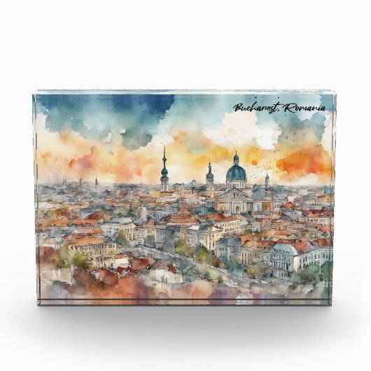 ブカレストエレガントルーマニアウォーターカラーシティビュー フォトブロック (正面)