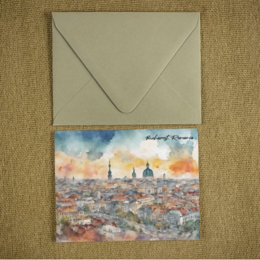 ブカレストカラフルルーマニアウォーターカラーシティビュー ポストカード