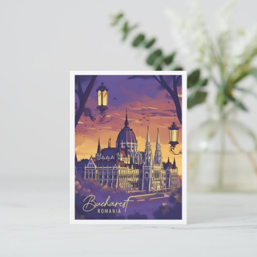 ブカレストルーマニアヴィンテージアートトラベルイラストレーション ポストカード (スタンド正面)