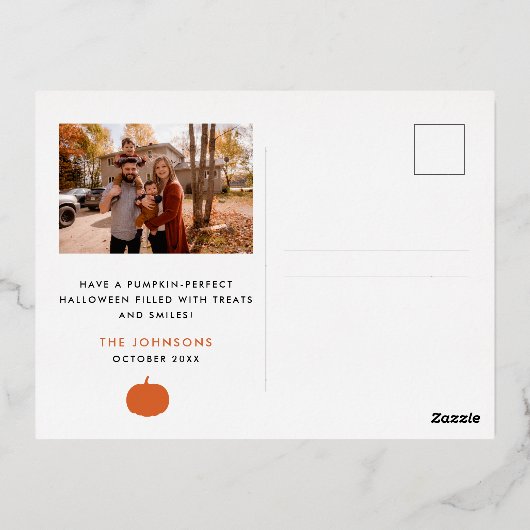 ブカワイイおもしろいハロウィーンスプコクタキュラーオレンジカボチャ 箔シーズンポストカード (裏面)