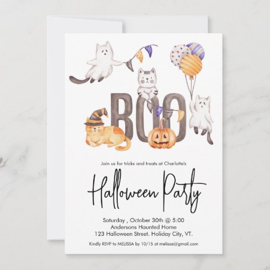 ブカワイイ子のハロウィーン猫たち幽霊たちかぼちゃパーティー 招待状 (正面)