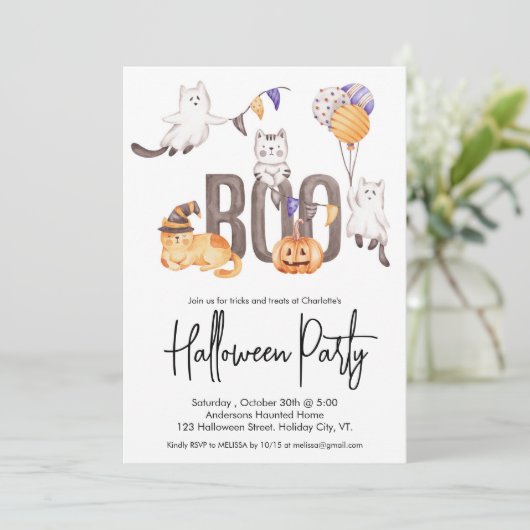 ブカワイイ子のハロウィーン猫たち幽霊たちかぼちゃパーティー 招待状 (スタンド正面)