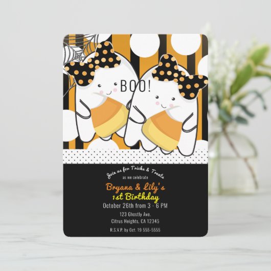 ブカワイイ幽霊ツインガールズハロウィーン誕生日パーティー 招待状 (スタンド正面)