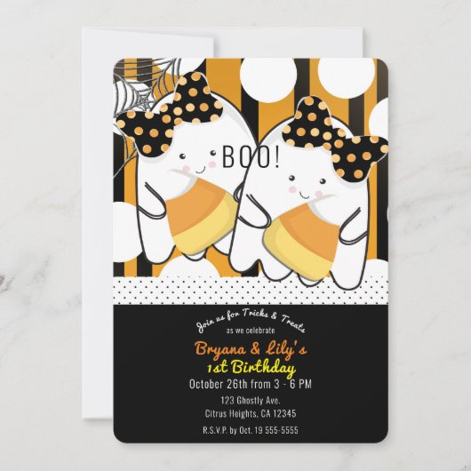 ブカワイイ幽霊ツインガールズハロウィーン誕生日パーティー 招待状 (正面)