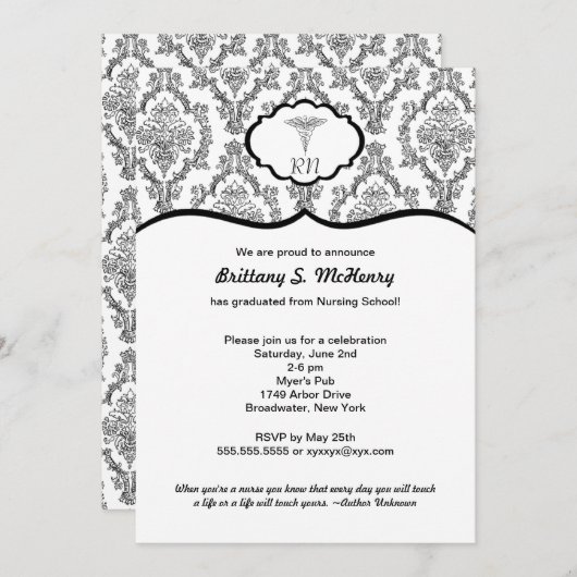 ブクラシックラックダマスクナース卒業RN BSN 招待状 (正面/裏面)