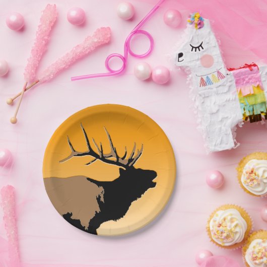 ブグリングブルエルクアットサンセットオリジナルワイルドライフアート ペーパープレート (パーティー)