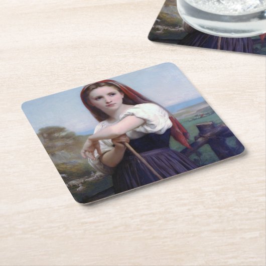 ブゲローの若い女性の羊飼い スクエアペーパーコースター (アングル)