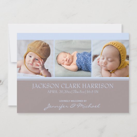 ブシンプルルー男の赤ちゃんフォトコラージュ誕生 案内状 (裏面)