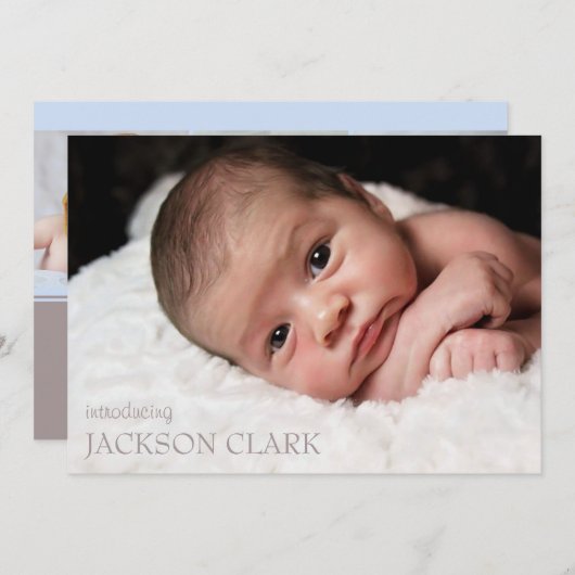 ブシンプルルー男の赤ちゃんフォトコラージュ誕生 案内状 (正面/裏面)