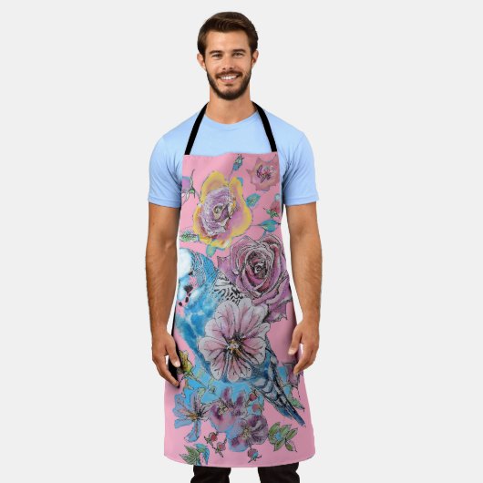 ブジウータカラーバラフローラデザインピンクエプロン エプロン (着用した状態)
