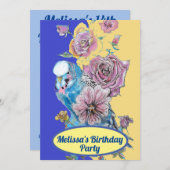ブジブルーバード誕生日ガールズレッドローズフラワーズ 招待状 (正面/裏面)